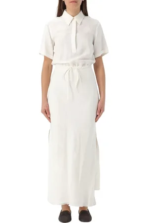 Brunello Cucinelli Kleedjes, Dames, Wit, M, Linnen, Witte Linnen Maxi Jurk met Gekraagd Overhemdlijfje