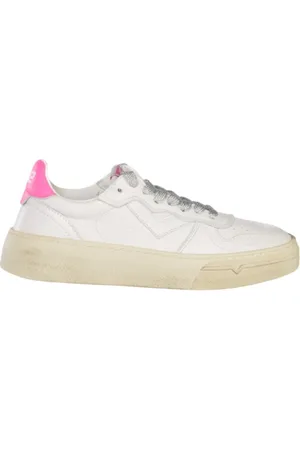 4b12 Schoenen, Dames, Wit, 38 EU, Leer, Witte Leren Sneakers met Fuchsia Detail