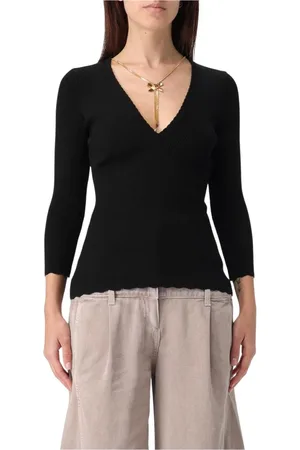 Elisabetta Franchi Truien, Dames, Zwart, XL, Zwarte V-hals Trui Ribgebreid