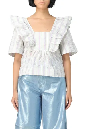 Ganni Blouses & Shirts, Dames, Groen, S, Gestreepte Ruche Blouse