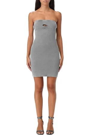 Diesel Kleedjes, Dames, Grijs, M, Katoen, Stijlvolle Strapless Mini Jurk met Keyhole