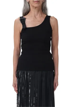 VERSACE Tops, Dames, Zwart, M, Katoen, Zwart Geribbelde Tanktop met Gesp
