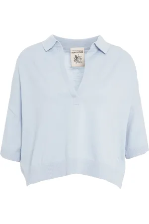 SEMICOUTURE Blouses & Shirts, Dames, Blauw, S, Katoen, Blauw V-hals Katoenen T-shirt