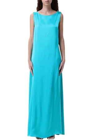 Maliparmi Kleedjes, Dames, Blauw, M, Pauw Zijden Maxi Jurk Elegante Stijl
