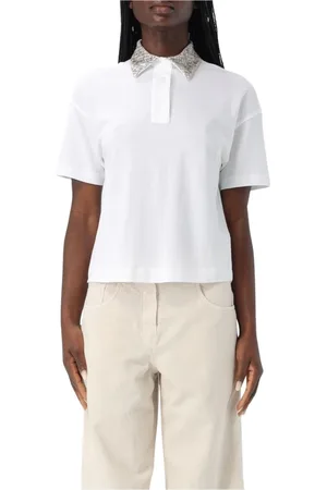 Brunello Cucinelli Tops, Dames, Wit, S, Katoen, Witte Versierde Kraag Polo Shirt