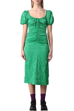Ganni Kleedjes, Dames, Groen, S, Polyester, Groene Gekreukte Midi Jurk