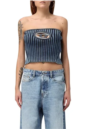 Diesel Tops, Dames, Blauw, L, Denim, Geribbelde Gebreide Strapless Top met Uitsnijding