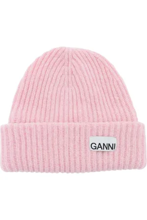 Ganni Accessoires, Dames, Roze, ONE Size, Wol, Geribde Melange Muts met Logopatch