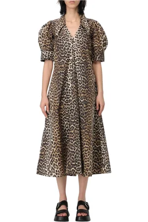 Ganni Kleedjes, Dames, Bruin, S, Katoen, Luipaardprint Midi Jurk Pofmouwen