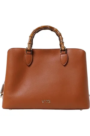 V°73 Tassen, Dames, Bruin, ONE Size, Bamboe, Leren Tote Tas met Bamboe Handvat
