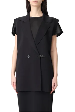 FAY Jassen, Dames, Zwart, S, Leer, Zwarte getailleerde vest met knoopsluiting