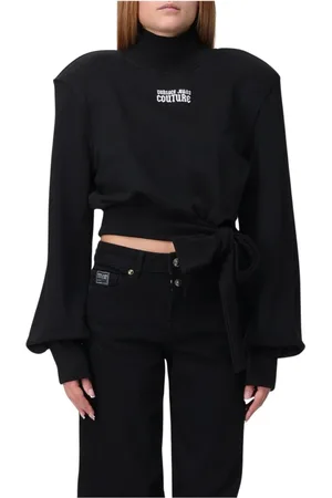 VERSACE Truien, Dames, Zwart, XS, Katoen, Zwarte Gebreide Sweatshirt met Strik Taille