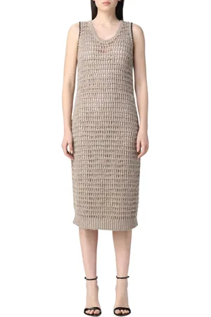 Brunello Cucinelli Kleedjes, Dames, , S, Linnen, Elegante Textuur Midi Jurk
