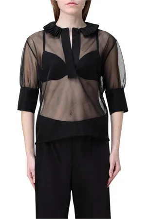 Serafini Blouses & Shirts, Dames, Zwart, S, Elegante Mesh Kraag Zwarte Blouse