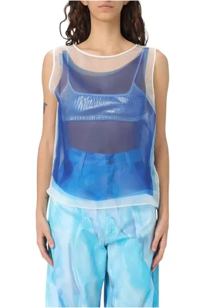 Khrisjoy Tops, Dames, Blauw, S, Organza, Blauwe Organza Mouwloze Statement Top