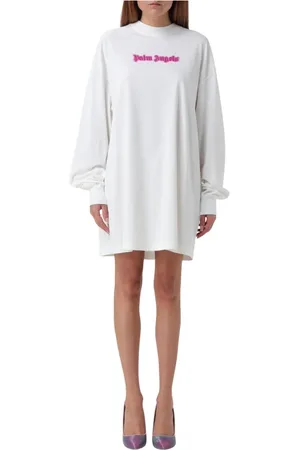 Palm Angels Kleedjes, Dames, Wit, S, Katoen, Witte Logo Jurk Chic Stijl