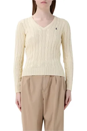 Ralph Lauren Truien, Dames, Geel, XL, Zwarte Cable Knit V-hals Trui