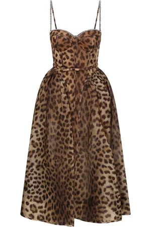 ZIMMERMANN Kleedjes, Dames, Bruin, S, Linnen, Leopard Panelled Midi Jurk