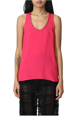 GENNY Tops, Dames, Roze, M, Zwarte mouwloze versierde top