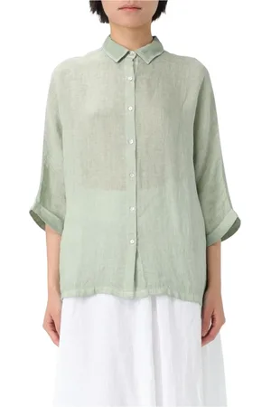 120% Lino Blouses & Shirts, Dames, Groen, XS, Linnen, Linnen Overhemd met Relaxte Pasvorm