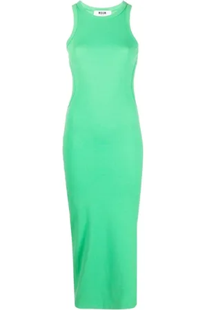 Msgm Kleedjes, Dames, Groen, M, Katoen, Geribbelde Stretch Katoenen Midi Sheath Jurk