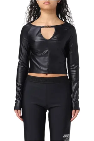 VERSACE Tops, Dames, Zwart, S, Leer, Zwart Keyhole Neck Top