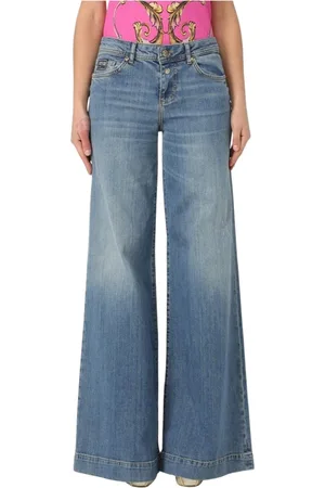 VERSACE Jeans, Dames, Blauw, W28, Katoen, Kleurrijke Wide Leg Modebroek