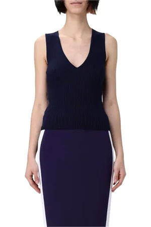 Pinko Truien, Dames, Blauw, M, Geribbelde Gebreide Mouwloze V-hals Top