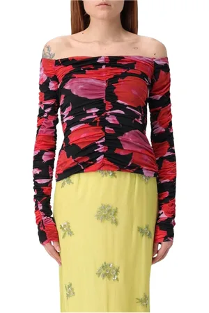 BLUMARINE Tops, Dames, Veelkleurig, M, Elegante Bloemen Mesh Off-Shoulder Top