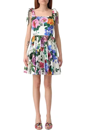 Dolce & Gabbana Kleedjes, Dames, Veelkleurig, M, Katoen, Roze Bloemen Mini Jurk met Strikbandjes