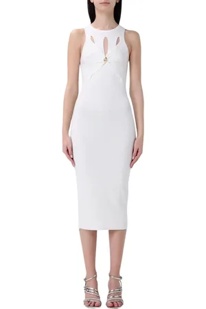 Elisabetta Franchi Kleedjes, Dames, Wit, S, Elegante Ribgebreide Midi-jurk