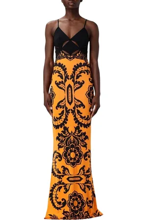 Etro Kleedjes, Dames, Oranje, S, Rayon, Damast Print Maxi Jurk