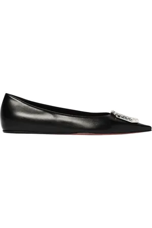 Amina Muaddi Schoenen, Dames, Zwart, 38 EU, Leer, Kristallen Gesp Ballet Flats