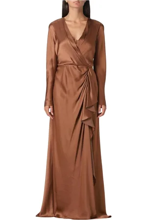 Alberta Ferretti Kleedjes, Dames, Bruin, M, Elegante Zijden Maxi Jurk met Ruche