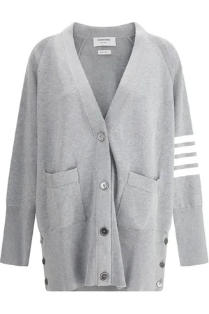 Thom Browne Truien, Dames, Grijs, 2Xs, Oversized V-hals Vest met Gestreept Detail