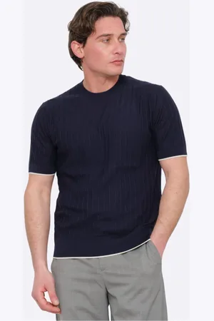 Paolo Pecora Tops, Heren, Blauw, L, Katoen, Blauw Zijden Katoenen T-shirt met Witte Rand