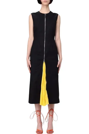 Msgm Kleedjes, Dames, Zwart, S, Katoen, Zwarte Geplooide Midi Jurk Elegante Stijl