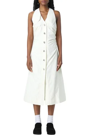 Ganni Kleedjes, Dames, Wit, L, Katoen, Gele Mouwloze Midi Jurk