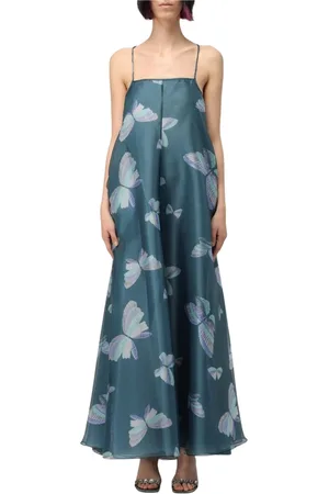 Emporio Armani Kleedjes, Dames, Blauw, M, Organza, Blauwe Vlinderprint Maxi Jurk