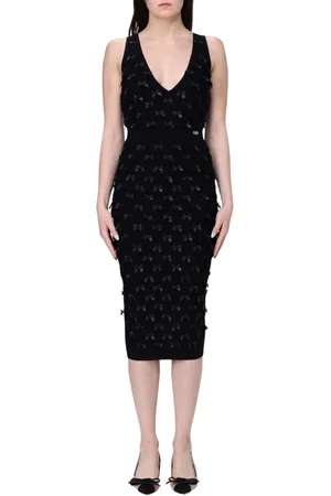 Elisabetta Franchi Kleedjes, Dames, Zwart, S, Elegante V-hals Midi Jurk