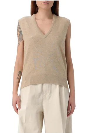 Maison Margiela Truien, Dames, Bruin, L, Leer, Bruine Mouwloze V-hals Trui