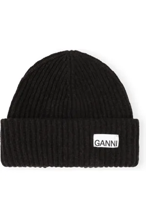 Ganni Accessoires, Dames, Zwart, ONE Size, Wol, Geribbelde Beanie