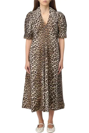 Ganni Kleedjes, Dames, Veelkleurig, S, Katoen, Luipaardprint Midi Jurk