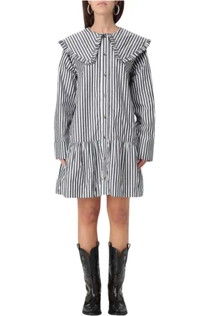 Ganni Kleedjes, Dames, Zwart, S, Katoen, Gestreepte Mini Jurk Peter Pan Kraag