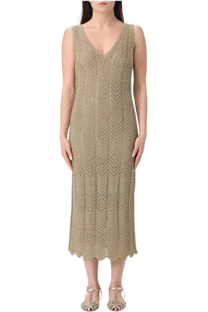 Twin-Set Kleedjes, Dames, Geel, XS, Gouden Metallic Midi Jurk