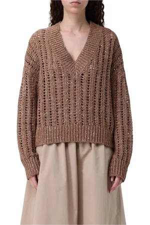 Brunello Cucinelli Truien, Dames, Bruin, S, Bruine Paillet Gebreide V-hals Trui