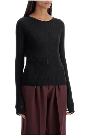 Lanvin Truien, Dames, Zwart, M, Wol, Zwarte Geribbelde Wollen Gebreide Trui