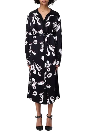HUGO BOSS Kleedjes, Dames, Zwart, M, Elegante Bloemen Zijden Overhemdjurk