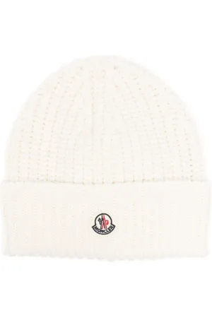 Moncler Accessoires, unisex, Wit, ONE Size, Wol, Geribbelde Gebreide Logo Patch Muts