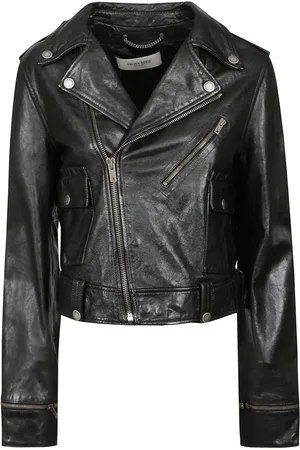 Golden Goose Jassen, Dames, Zwart, S, Zwarte leren jas met ritssluiting